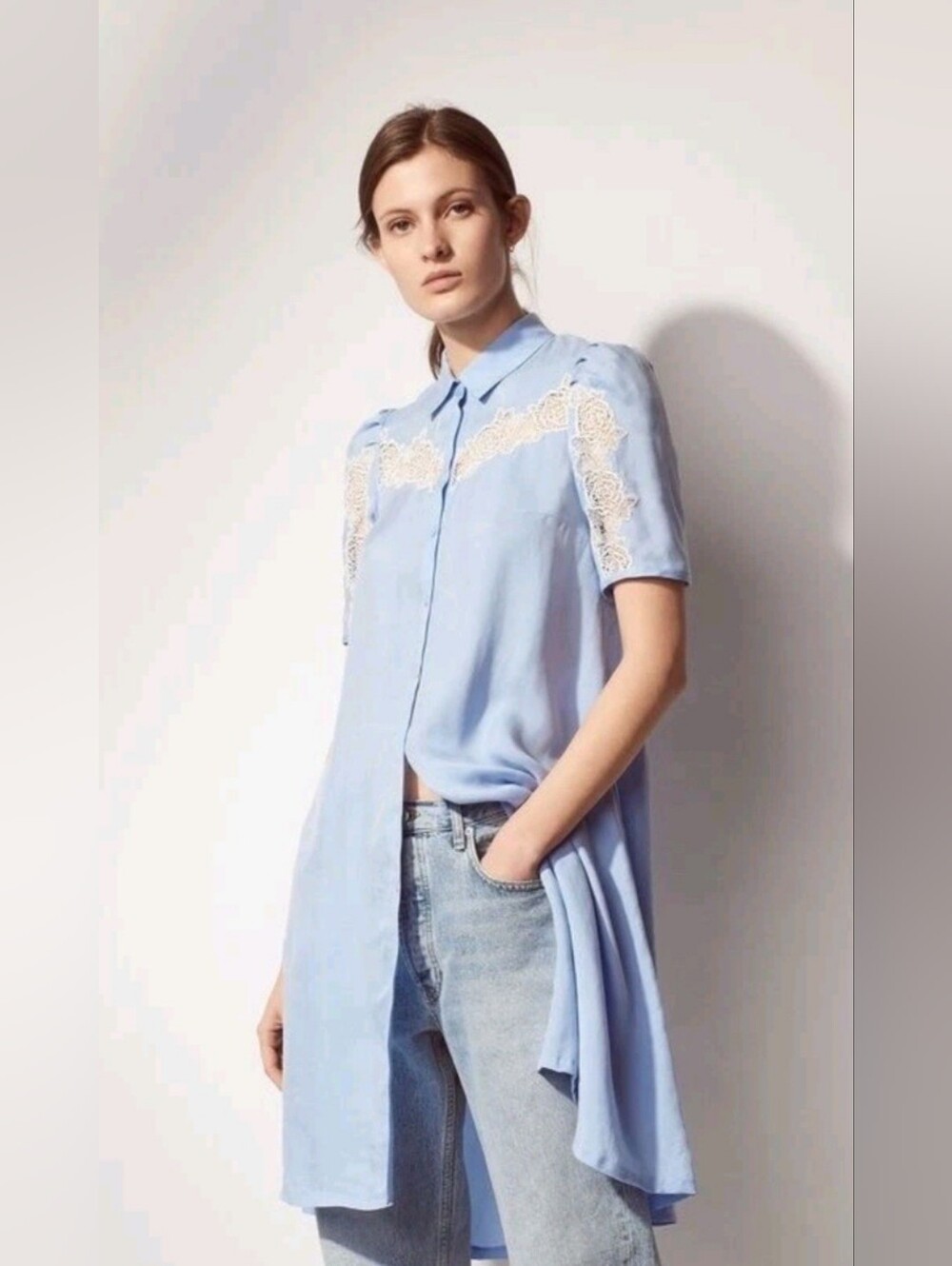 SANDRO PARIS Lace-Inset Down Duster Dress Sky Blue  Sz FR 34 XS